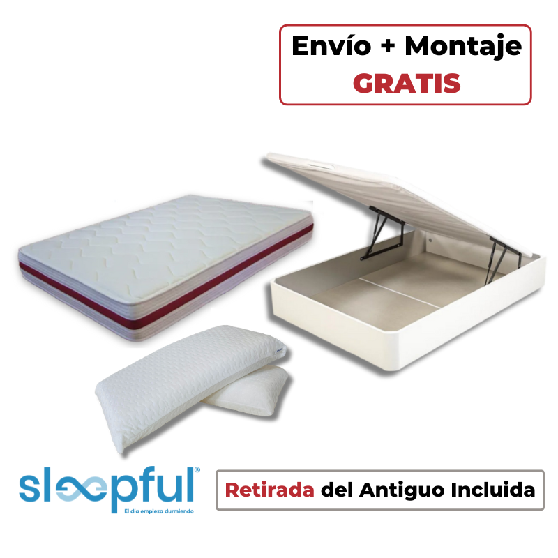 Pack Ahorro Colchón Viscogel + Canapé Abatible Sleepful® Blanco + Almohadas Visco