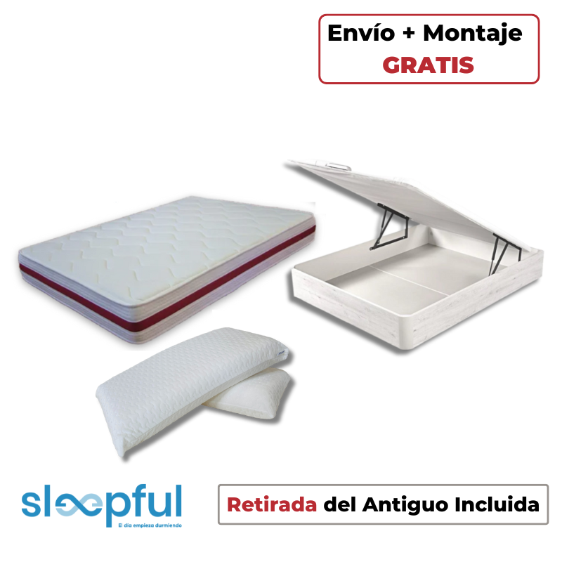 Pack Ahorro Colchón Viscogel + Canapé Abatible Sleepful® Glaciar + Almohadas Visco