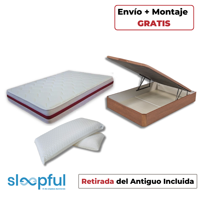 Pack Ahorro Colchón Viscogel + Canapé Abatible Sleepful® Cerezo + Almohadas Viscoelásticas