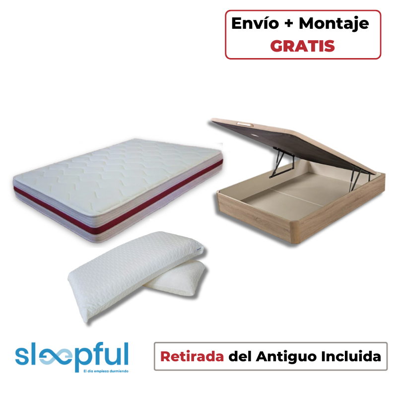 Pack Ahorro Colchón Viscogel + Canapé Abatible Sleepful® Natural + Almohadas Visco